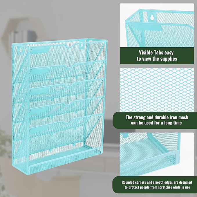 6 Tier Mesh Hanging Wall File Organizer, Desk Vertical Mail Paper Document Folder Holder Rack with Bottom Tray and Nametag Label for Office Home School, Blue - Image 4
