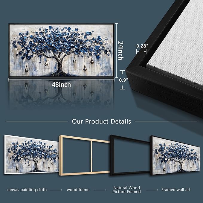 XIGUANGART Tree of Life Large Wall Art Modern Abstract Paintings Watercolor Blue Farmhouse Framed Artwork Tree & bell Canvas Prints Pictures Wall Decor for Living Room Bedroom Home Office Decoration