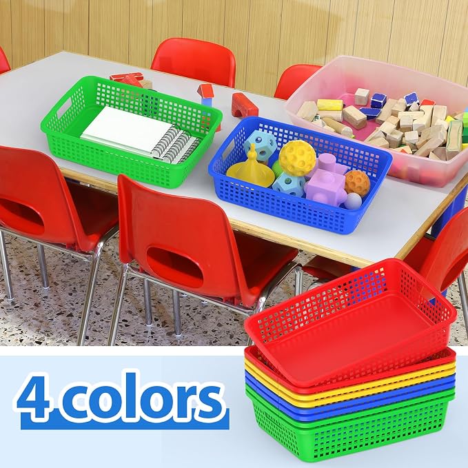 12 Pack Classroom Storage Baskets 15''x10''x3'' Large Plastic Paper Trays with Handle Letter Size A4 Paper Toy Basket Turn in Trays for Library Office Desk Drawer Organizing (12, Bright Color) - Image 5