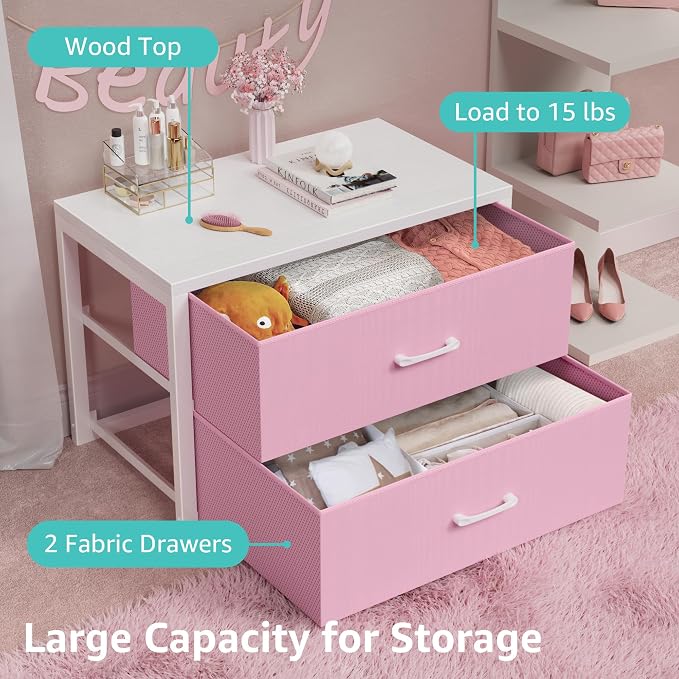 BOLUO Stackable Storage Drawers Closet Organizers and Storage Fabric White 2 Drawer Dresser for Bedroom Modern Pink - Image 4