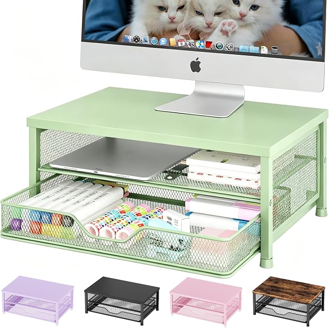 Computer Monitor Stand Riser, Desk Organizer with Drawer, Printer & Laptop Stand, Office Desk Accessories & Workspace Desktop Organizers Storage for Office Supplies(Green) by OPNICE
