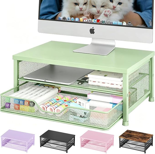 Computer Monitor Stand Riser, Desk Organizer with Drawer, Printer & Laptop Stand, Office Desk Accessories & Workspace Desktop Organizers Storage for Office Supplies(Green) by OPNICE