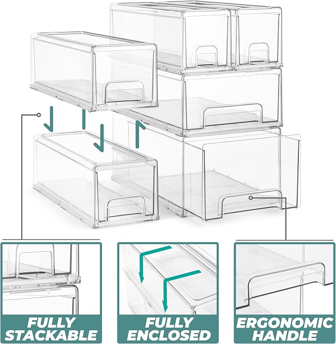 Sorbus Large Clear Stackable Storage Drawers, Plastic Storage Drawers with Handles, Craft, Clothes, Medicine, Makeup, Closet, Art Supply, Bathroom, Shoe, Toy Storage Organizer (2 Pack) - Image 4