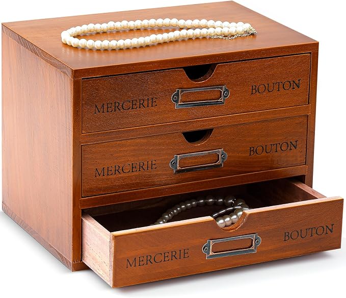 Wesiti Small Wooden Desk Organizer with 3 Drawers, Compact Vintage Apothecary Storage Box for Jewelry, Makeup, Essential Oils, Rustic Trinket Organizer for Bedroom Dresser Vanity, Brown by Unteilti