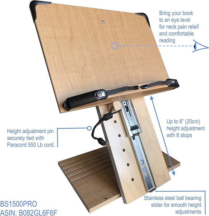 BS1500PRO Large Portable Height Adjustable Foldable Eye-Level Ergonomic Bookstand Holder for Reading Hands Free Large Thick Heavy College Textbooks Tablets Neck Pain Free - Image 4