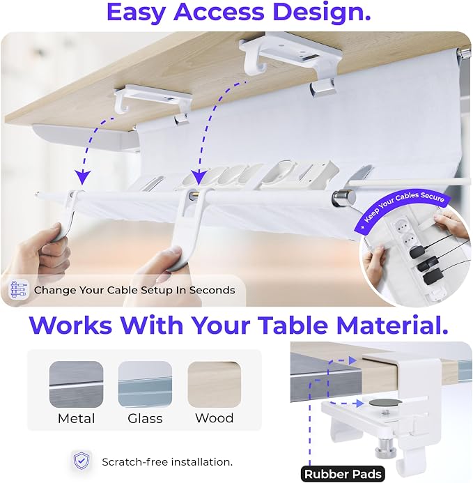 Original No Drill Under Desk Cable Management Tray 40.6" - Premium White Fabric Cable Management Under Desk - Clamp/Screw Mount Cord Organizer - Supports Upto 66lbs - Large - Image 3