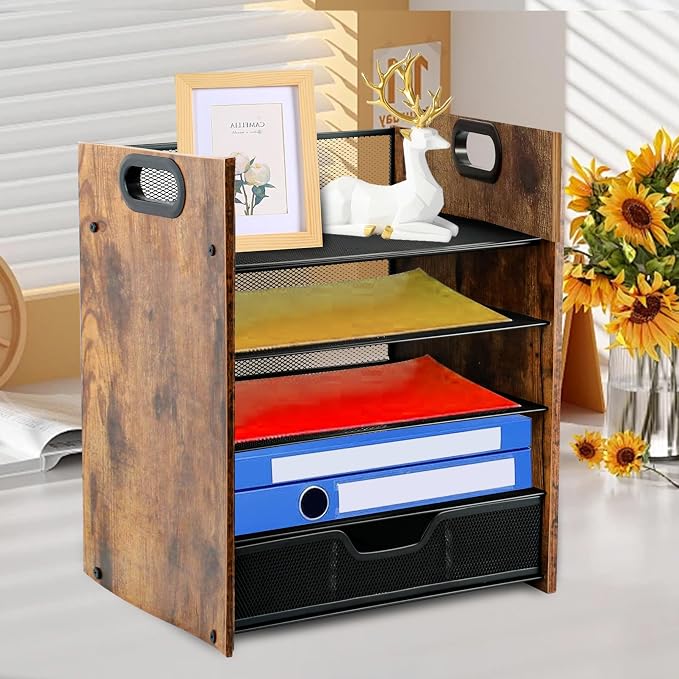 Desk Organizer, 5-Tier Desktop File Organizer with Drawer, Wooden Paper Tray Organizer, Office Desk Organzier and Accessories for Papers, Mail, Notebooks, Stationery - Image 6