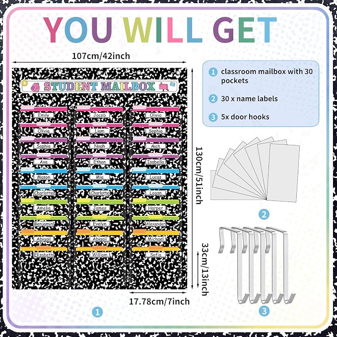30 Pockets Classroom Mailbox with 30 Nametag Composition Notebook Hanging Wall File Organizer Classroom Storage Pocket Chart Folder with 5 Over The Door Hook for Back to School Bulletin Board - Image 2