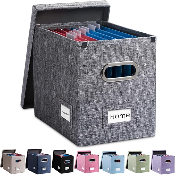 File Organizer Box - Set of 1 Collapsible Decorative Linen Filing Storage Hanging File Folders with Lids Office Cabinet Letter Size Grey (14x9.3x10.8 inch) by Prandom