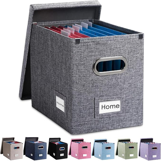 File Organizer Box - Set of 1 Collapsible Decorative Linen Filing Storage Hanging File Folders with Lids Office Cabinet Letter Size Grey (14x9.3x10.8 inch) by Prandom