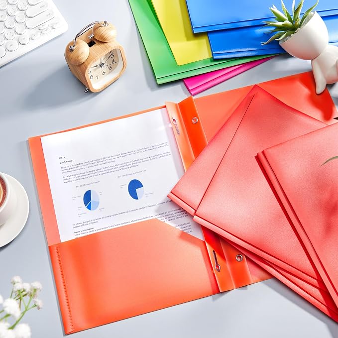 Cholemy 72 Packs Pocket Folders with Prongs Heavy Duty Plastic Folder with Business Card Slot 3 Prong Fasteners for School Office (Vivid) - Image 5