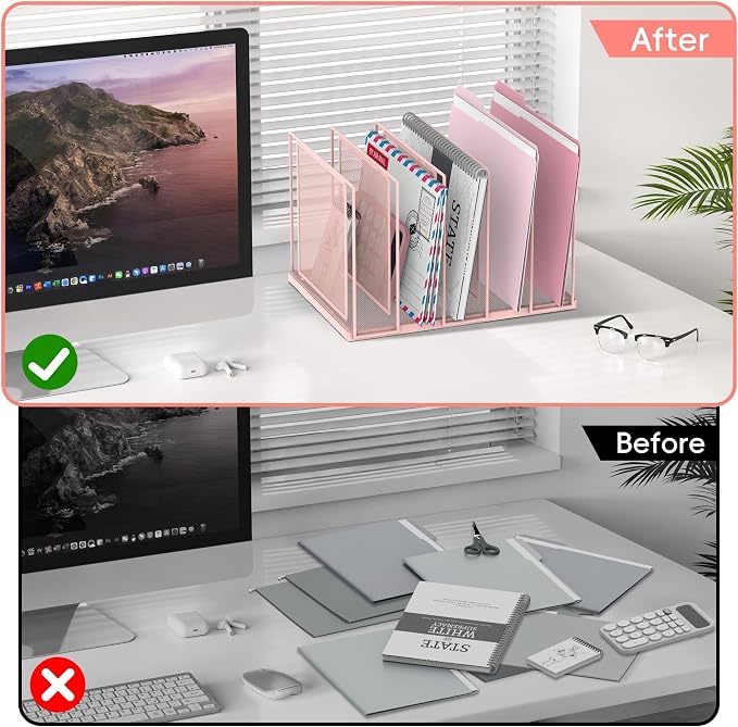 File Organizer for Desk, 5-Section Vertical File Sorter, Paper Holder Organizer Standing Metal File Folder for Office Home Classroom, Pink - Image 6