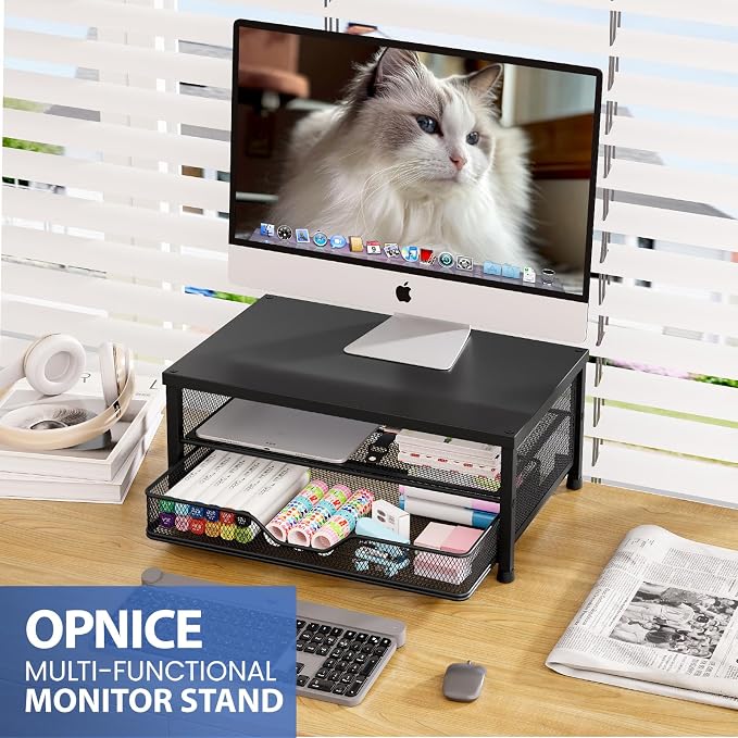 Computer Monitor Stand Riser, Desk Organizer with Drawer, Printer & Laptop Stand, Office Desk Accessories & Workspace Desktop Organizers Storage for Office Supplies(Black 2-Pack) - Image 2