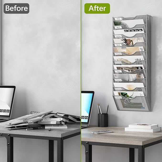 EasyPAG 10 Pocket Mesh Wall File Organizer, Hanging Paper Folder Holder with Classify Label, Vertical Wall Mount Mail Organizer for Office Home Classroom, Silver - Image 5