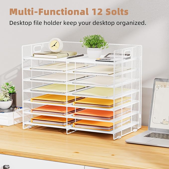 Marbrasse Desktop Literature Organizer, 12 Compartments Mesh Paper Organizer Desk Organizers, Adjustable File Sorter Mail Center Paper Storage Cabinet Classroom Mailbox for Office Home School, White - Image 2