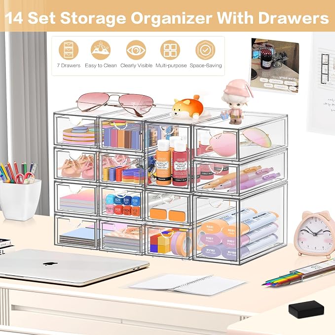 Desk Organizer with 14 Drawers, FODIENS 14 Packs Acrylic Stackable Desktop Storage Drawer Makeup Organizer, Clear Craft Storage Box Cabinets for Office Vanity Countertop Bathroom Bedroom - Image 3