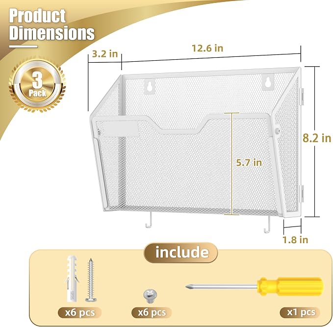 Docnest 3 Pack Mesh Wall File Holders with Hooks for Mail, White | Space-saving vertical design with utility hooks. Ideal paper document organizer for office, home, and school - Image 2