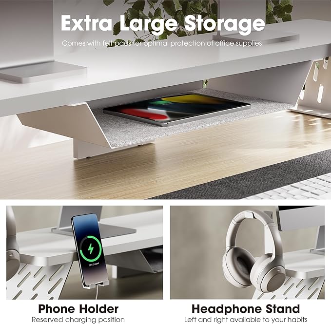 Fenge Dual Monitor Stand, Wooden Desk Shelf with Headphone & Phone Holder | 42.5" Monitor Riser with Storage Shelf, 2-Tier Monitor Shelf with Metal Leg for Home Office Organizer, White - Image 3