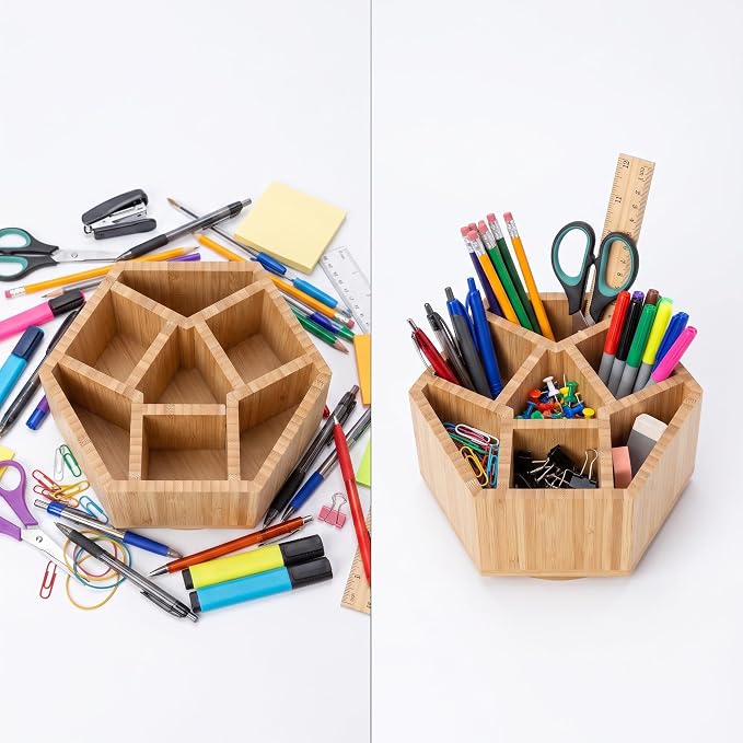 360° Rotating Bamboo Desk Organizer, Hexagonal | 360° Rotating, Art Supply Holder & Office Storage Caddy, For Colored Pencils, Crayons, Paintbrushes - Image 4
