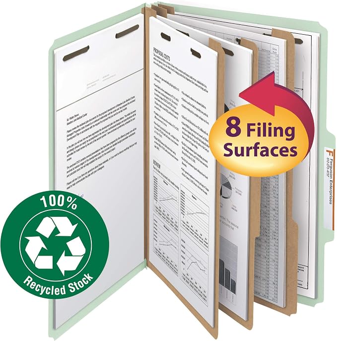 Smead 100% Recycled Pressboard Classification File Folder, 3 Dividers, 3" Expansion, Legal Size, Gray/Green, 10 per Box (19093) - Image 2