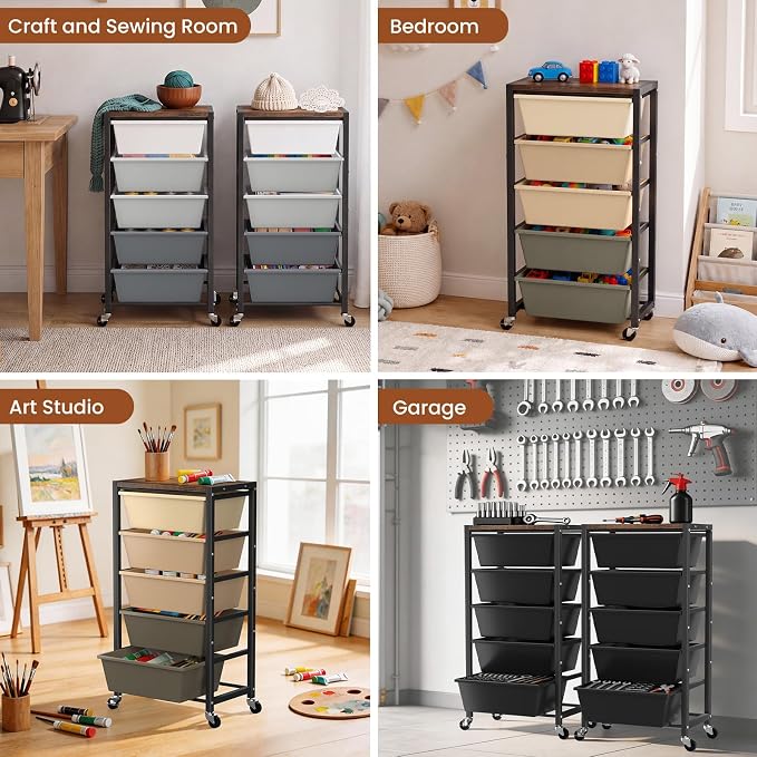 Rolling Cart with 5 Drawers, Plastic Drawer Storage Carts with Wheels & Wooden Tabletop, Metal Utility Cart for Office Bedroom Living Room Classroom, Craft Organization and Storage, Black - Image 6
