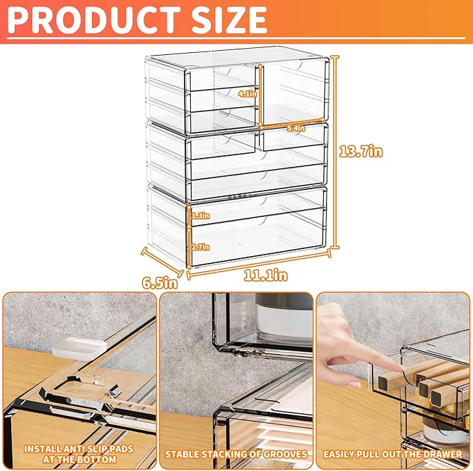 3Pack Clear Drawer Organizers Stackable,Acrylic Storage Drawers With 10 Drawers,Multipurpose Office Supply Organizer and Makeup Organizer for Beauty,Craft,Pen,Medical,Stationary Desk Organizers - Image 3