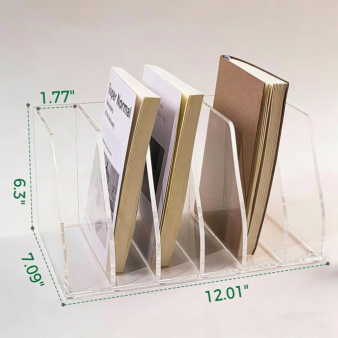 Acrylic Magazine File Holder, 6 Vertical Compartments Desk Document Sorter Organizer, Clear Folder Rack Binder for Office/Home/Classroom, for Documents, Tablet, Magazines, Books & Accessories - Image 2