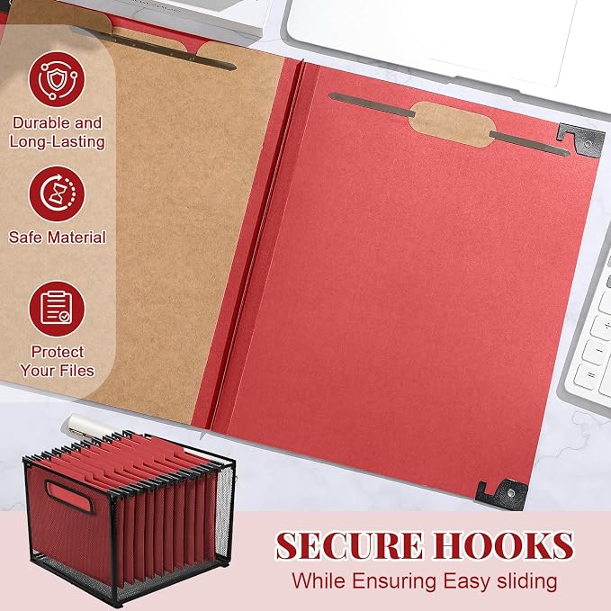 Henoyso 10 Pcs Hanging Classification Folders with Prongs, 3 Divider/ 8 Section, Letter Size, 8 Fasteners, 4 Inch Expansions, 1/3-cut Tab Pressboard File Folder for Office School Medical(Dark Red) - Image 4