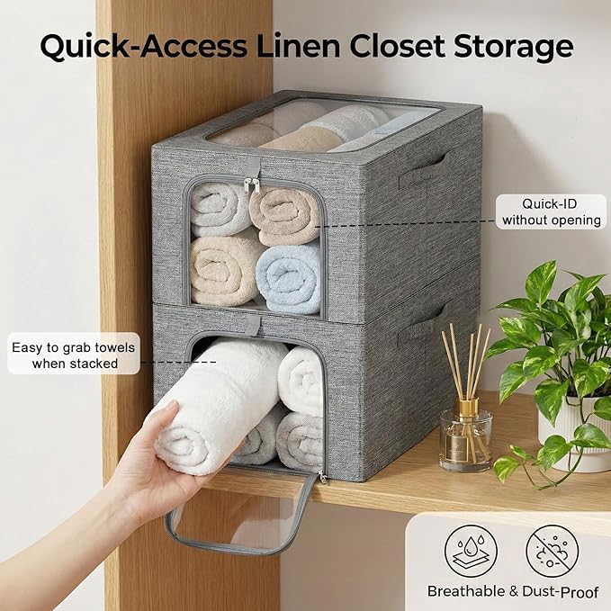 GoMaihe Baby Clothes Storage Bins with Metal Frame 27L 6-Pack Grey | Kids Toddler Child Clothing & Towels Small Items, Closet Top Shelf Boxes, Collapse-Proof Stackable, Clear Window Dual Access - Image 4