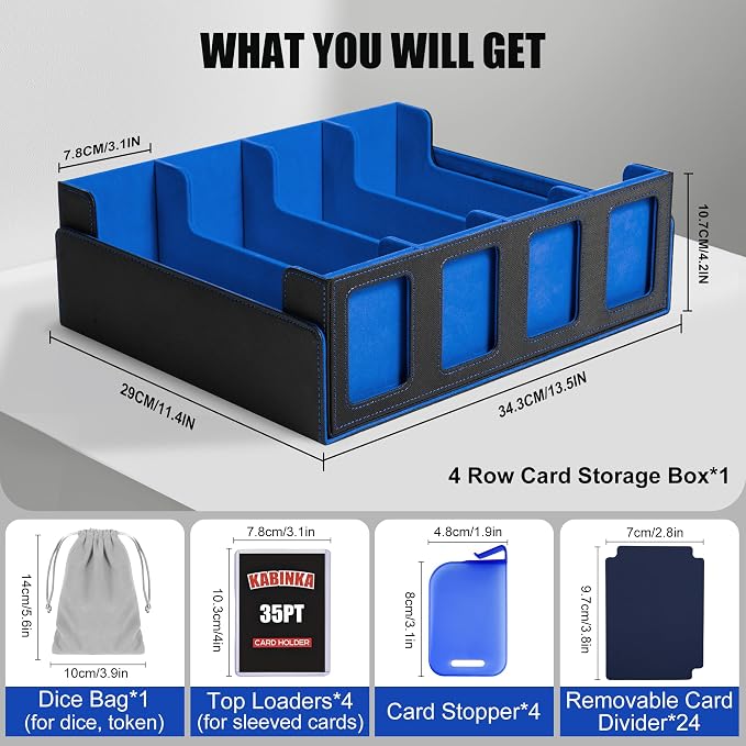 Trading Card Storage Box with Commander Display , 4-Row Deck Case with Removable Lid; 2400+ Card Deck Box for MTG TCG Sports Card, 4 Top Loaders, 4 Stoppers, 24 Dividers,1 Dice Bag (Black Blue) - Image 3