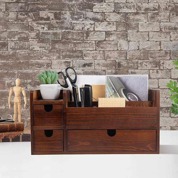 Rustic Brown Wooden Desktop Organizer Drawers Removable Office Supplies Torched Wood Storage Cabinet Caddy Box Stationery Pencil Slots Mail Holder Notes Accessories Home Makeup Tools Cosmetics by EXOLIRY