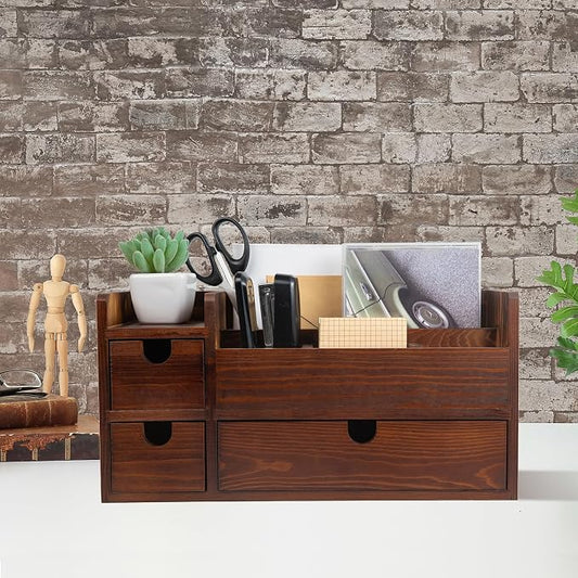 Rustic Brown Wooden Desktop Organizer Drawers Removable Office Supplies Torched Wood Storage Cabinet Caddy Box Stationery Pencil Slots Mail Holder Notes Accessories Home Makeup Tools Cosmetics by EXOLIRY