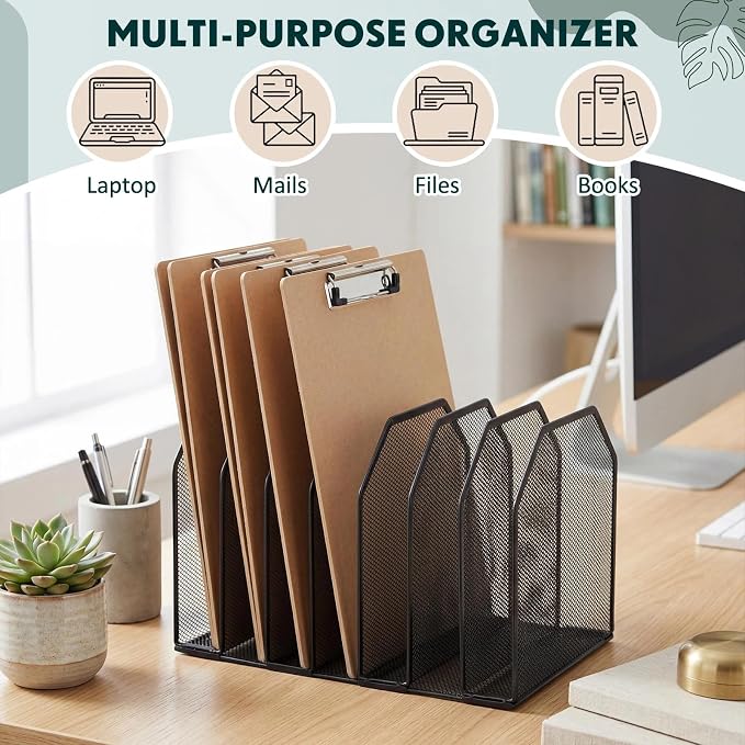 Sliner 1 Pcs Metal Clipboard Holder, 7 Slot Vertical File Organizer,Black | Classroom Clipboard Holder, Mesh Desk File Storage Rack, Desktop Wire Document Sorter for School Teacher Home Office Supplies - Image 4