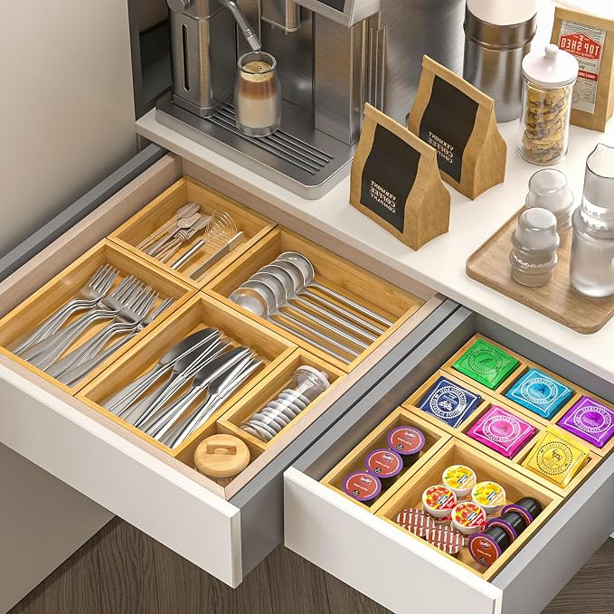 Bamboo Drawer Organizer, Set of 9 Wood Kitchen Junk Tea Desk Office Tray, Wooden Storage Boxes Organizers for Bathroom, Office (2" H 9 Boxes) - Image 3