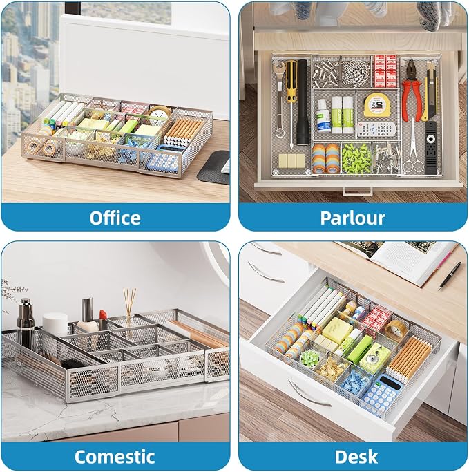 Marbrasse Expandable Desk Drawer Organizer, Mesh Tray with 10 Adjustable Compartments, Desk Organizers for Office Supplies, Makeup & Vanity (Expandable-Silver) - Image 4