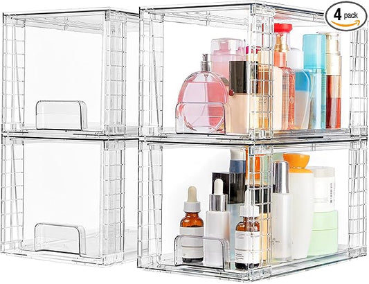 Vtopmart 4 Pack Large Stackable Storage Drawers, Clear | Easily Assemble Bathroom Closet Undersink Organizers and Storage Kitchen Cabinets,Pantry,Makeup,Medicine Organization by Vtopmart