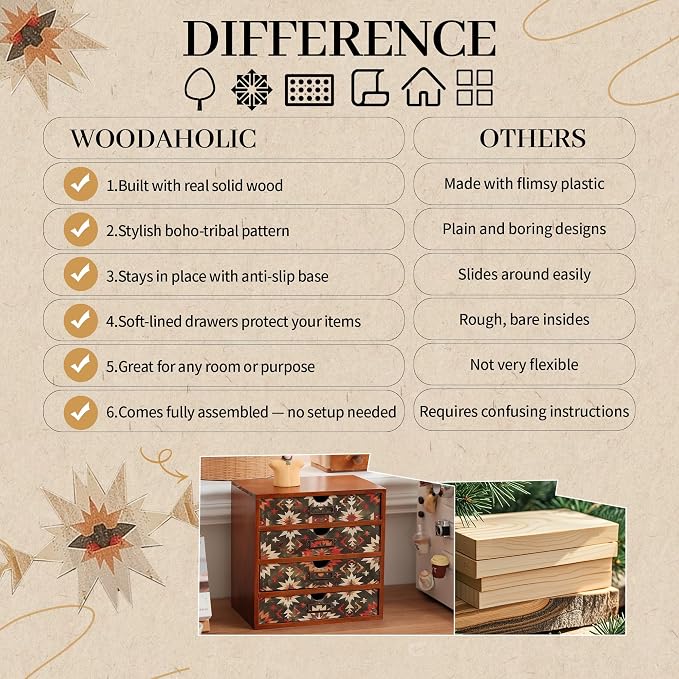 Boho Green Wooden Desk Organizer with Drawers – 4-Drawer Desktop Storage Box – Rustic Tribal Wood Desk Organizer for Office, Vanity, or Craft Supplies – Compact & Stylish Wooden Storage Drawers - Image 5