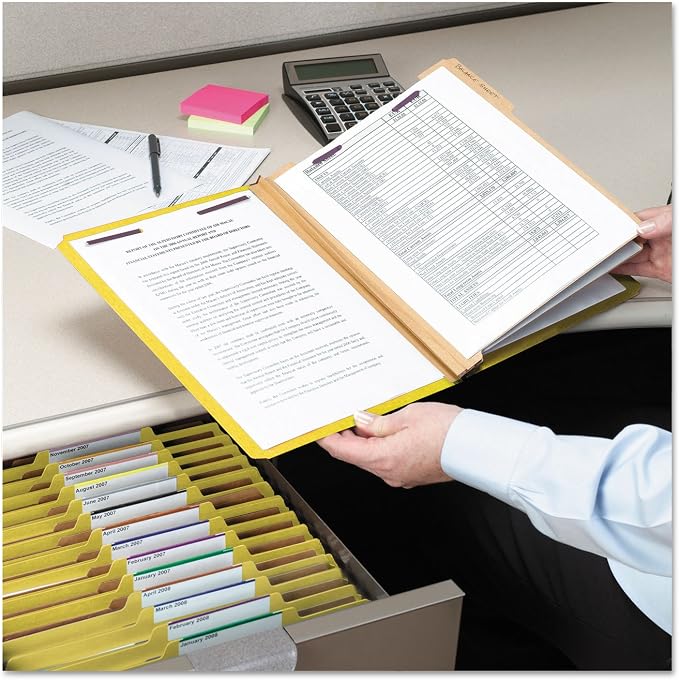 Smead Pressboard Classification File Folder with SafeSHIELD® Fasteners, 3 Dividers, 3" Expansion, Letter Size, Yellow, 10 per Box (14098) (Pack of 1) - Image 9