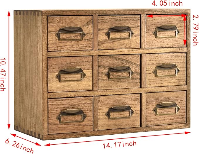 KIRIGEN Wooden Desk Organizer with 9 Drawers, Storage Cabinet, Brown | Solid Wood Desktop Organizer with Metal Label Handles for Office Supplies, Crafts, Tea Bags, Makeup, Fully Assembled - Image 3