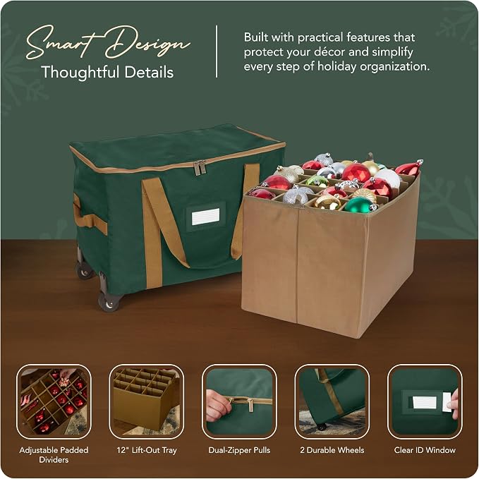 Covermates Keepsakes Rolling Adjustable Ornament Storage Bag – Heavy-Duty Polyester, FlexGrid Trays & Padded Dividers – Protective Holiday Organizer with Wheels, Handles & ID Window, Green - Image 4