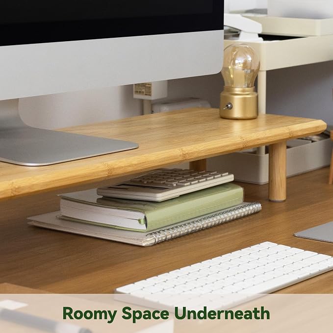 Bamboo Dual Monitor Stand Riser, Natural Desk Shelf with Storage | 39.37-Inch Wide, 3.5-Inch Clearance, Fits Keyboards, Soundbars and Two 24-Inch Monitors for Home Office - Image 3