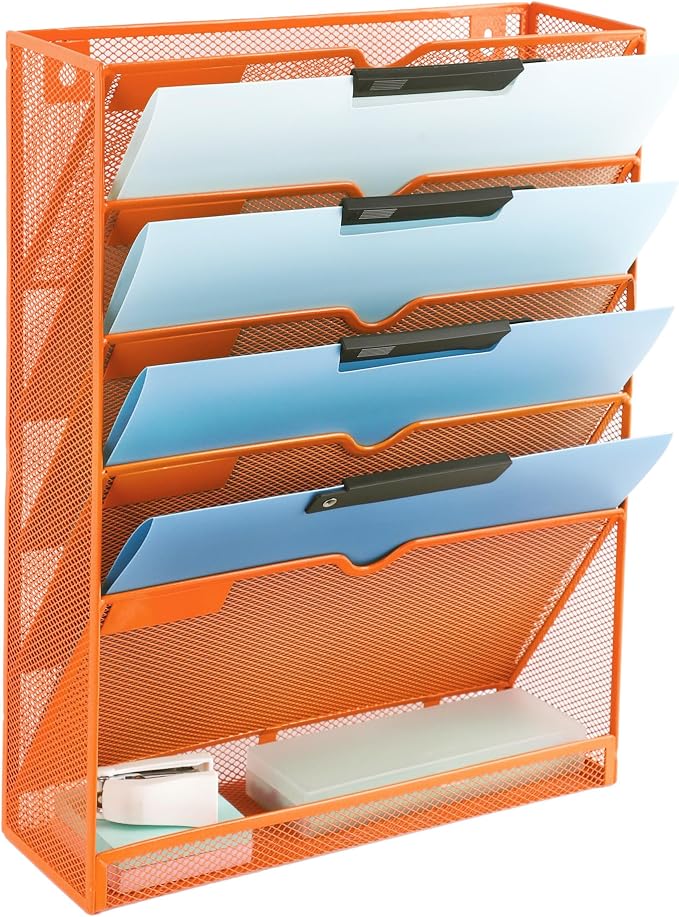 6 Tier Mesh Hanging Wall File Organizer, Desk Vertical Mail Paper Document Folder Holder Rack with Bottom Tray and Nametag Label for Office Home School, Orange by EASEPRES