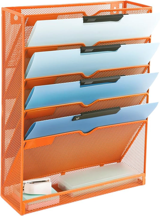 6 Tier Mesh Hanging Wall File Organizer, Desk Vertical Mail Paper Document Folder Holder Rack with Bottom Tray and Nametag Label for Office Home School, Orange by EASEPRES