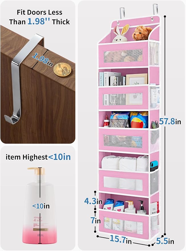 JARLINK Over the Door Organizer for Pantry, Bathroom, 5 Shelf Pink, 2 Pack | Anti-Tilt Design, 44 lb Load Capacity, Hanging Door Organizer with 5 Large Capacity Pockets, Behind Door Storage for Nursery - Image 2