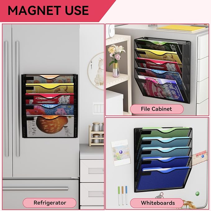 5-Tier Magnetic File Holder, No Drilling Wall File Organizer, File Folder Bins, Mail & Magazine Rack, Magnetic Paper Document Holder for Refrigerator File Cabinets Whiteboard, Black - Image 5