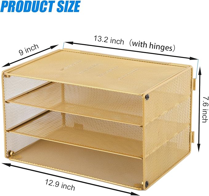 Paper Organizer Tray, 3 Tier Mesh Desk File Organizer Letter Sorter Holder for Home Office, Gold - Image 2