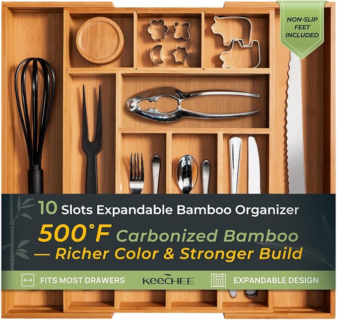 keechee Carbonized Bamboo Kitchen Drawer Organizer, 10 Slots Expandable Silverware Organizer, Utensil Holder & Cutlery Tray, 2.2" Deep for Extra Capacity, Non-Slip Feet Included by Keechee