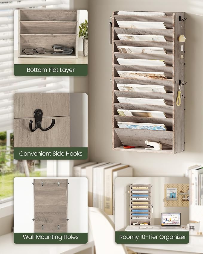 Wall File Organizer, 10-Tier Hanging Mail Organizer, Wall Mount File Holder with 4 Side Hooks, Industrial Mail and Storage Organizer, Wooden Vertical Hanging Holder for Office, Greige MWJ03FH - Image 3
