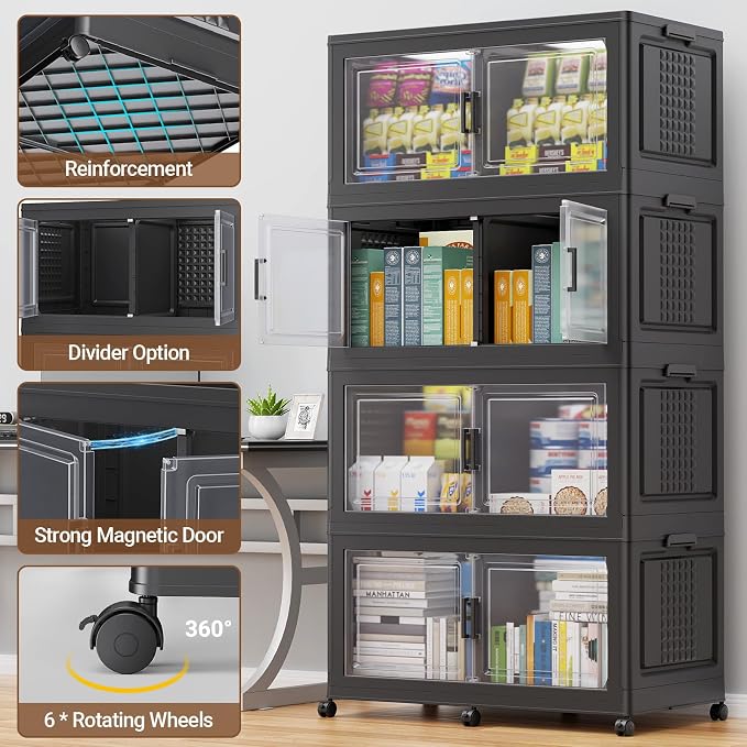BROVIEW 600 Qt Stackable Storage Bins Foldable Cabinet, V40 Black 3-Pack | Extra Large Collapsible Storage Bins with Lid Doors Wheels Dividers, Closet Organizers and Storage Drawer for Home Office - Image 3