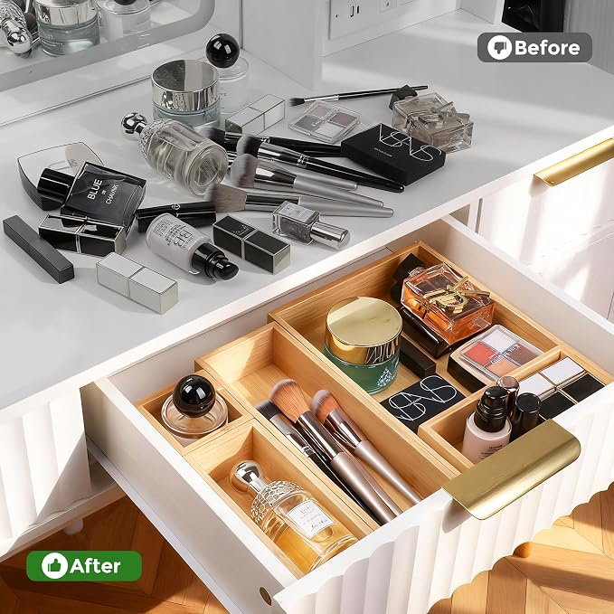 MapleGrace Bamboo Drawer Organizer Set, 14 PCS Wood Storage Organizers | Multi-Use Junk Drawer Divider, Storage Trays Containers for Kitchen, Bathroom, Office Desk, Makeup, Jewelry, Utensils - Image 5